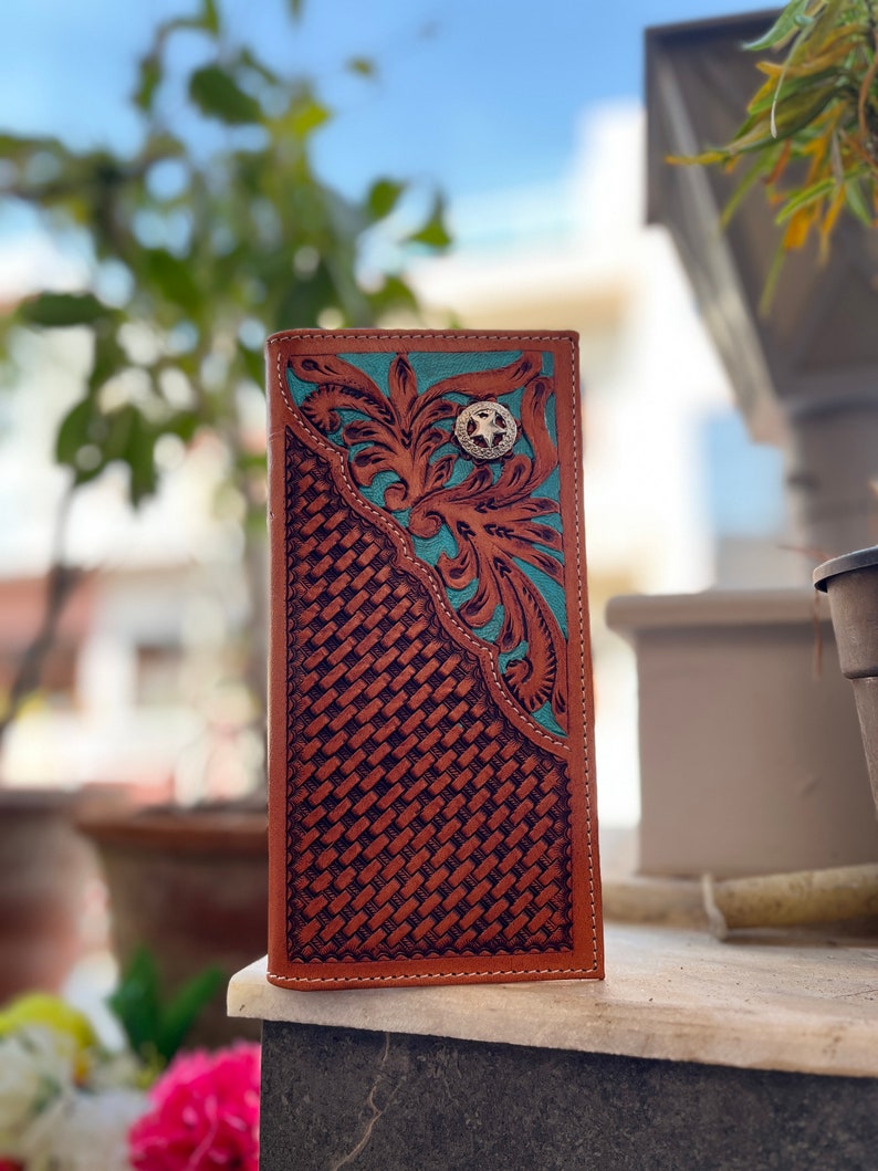 Women's tan tooled western long wallet with turquoise floral, view 2 of 6