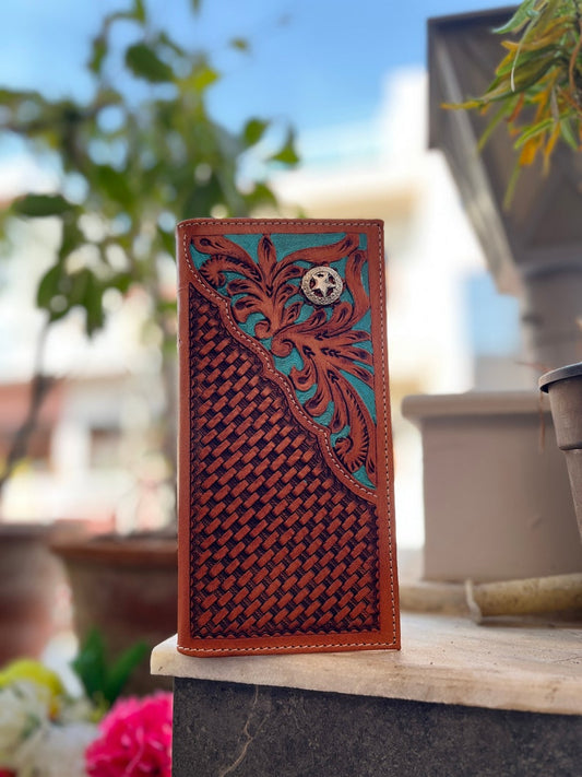 Women's tan tooled western long wallet with turquoise floral, view 2 of 6