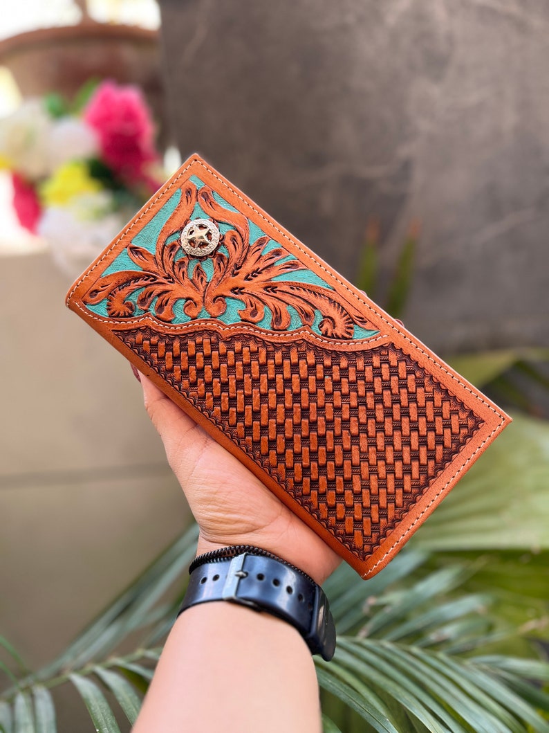 Women's tan tooled western long wallet with turquoise floral, view 3 of 6