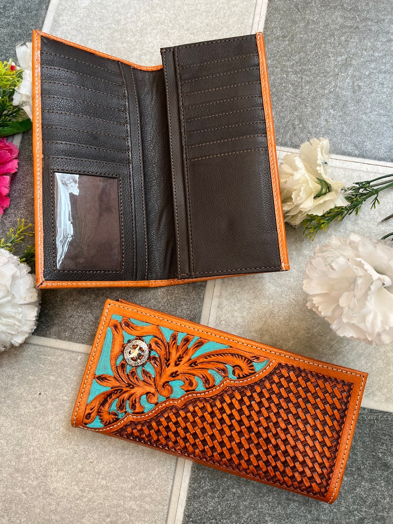 Women's tan tooled western long wallet with turquoise floral, view 4 of 6