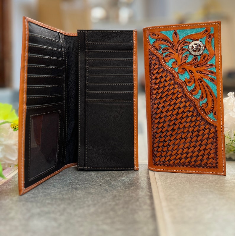 Women's tan tooled western long wallet with turquoise floral, view 5 of 6