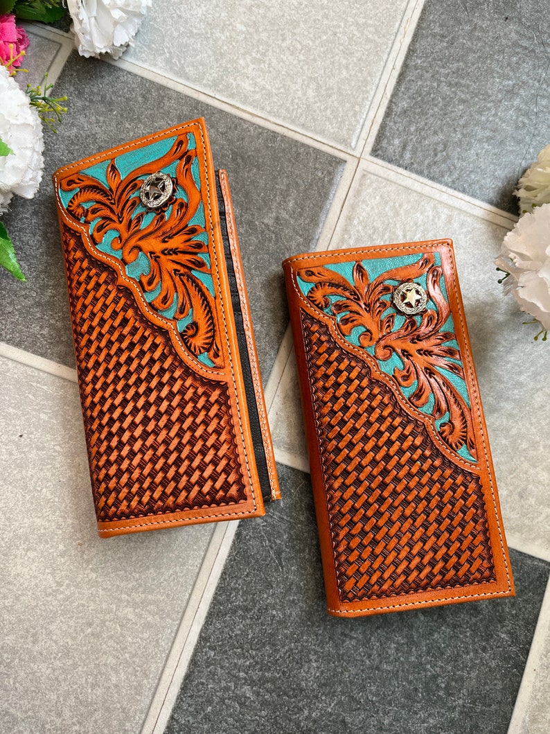 Women's tan tooled western long wallet with turquoise floral, view 6 of 6