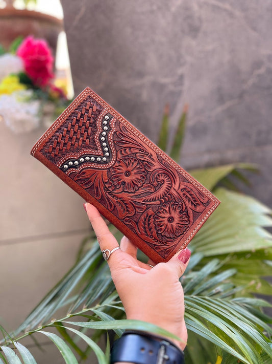 Women's brown tooled western long wallet with studs, view 2 of 7