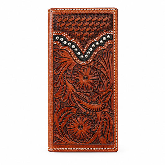 Women's brown tooled western long wallet with studs, wholesale from The Hide Leather