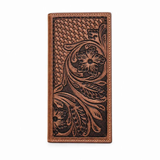 Women's light tan floral tooled long bifold wallet, wholesale from The Hide Leather