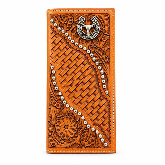 Women's tan horseshoe tooled western long wallet, wholesale from The Hide Leather