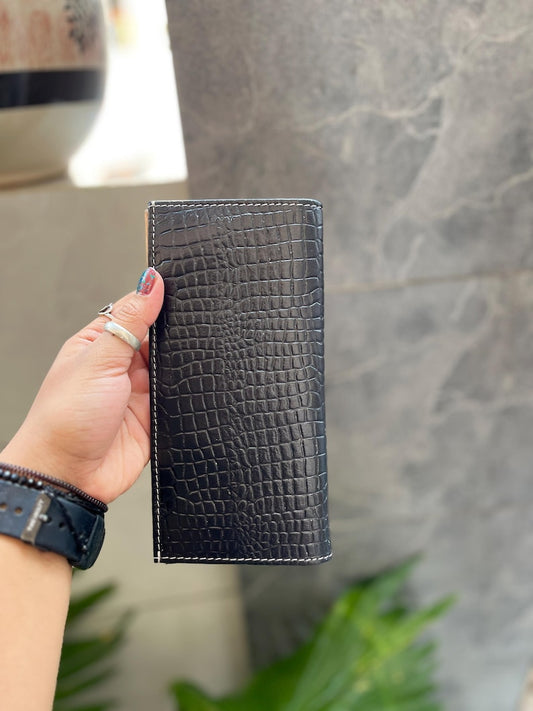 Black croc-embossed long wallet with tooled floral panel, view 2 of 5