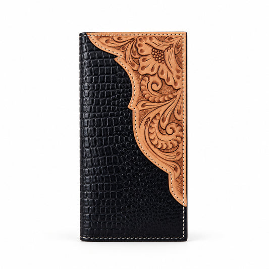 Black croc-embossed long wallet with tooled floral panel, wholesale from The Hide Leather