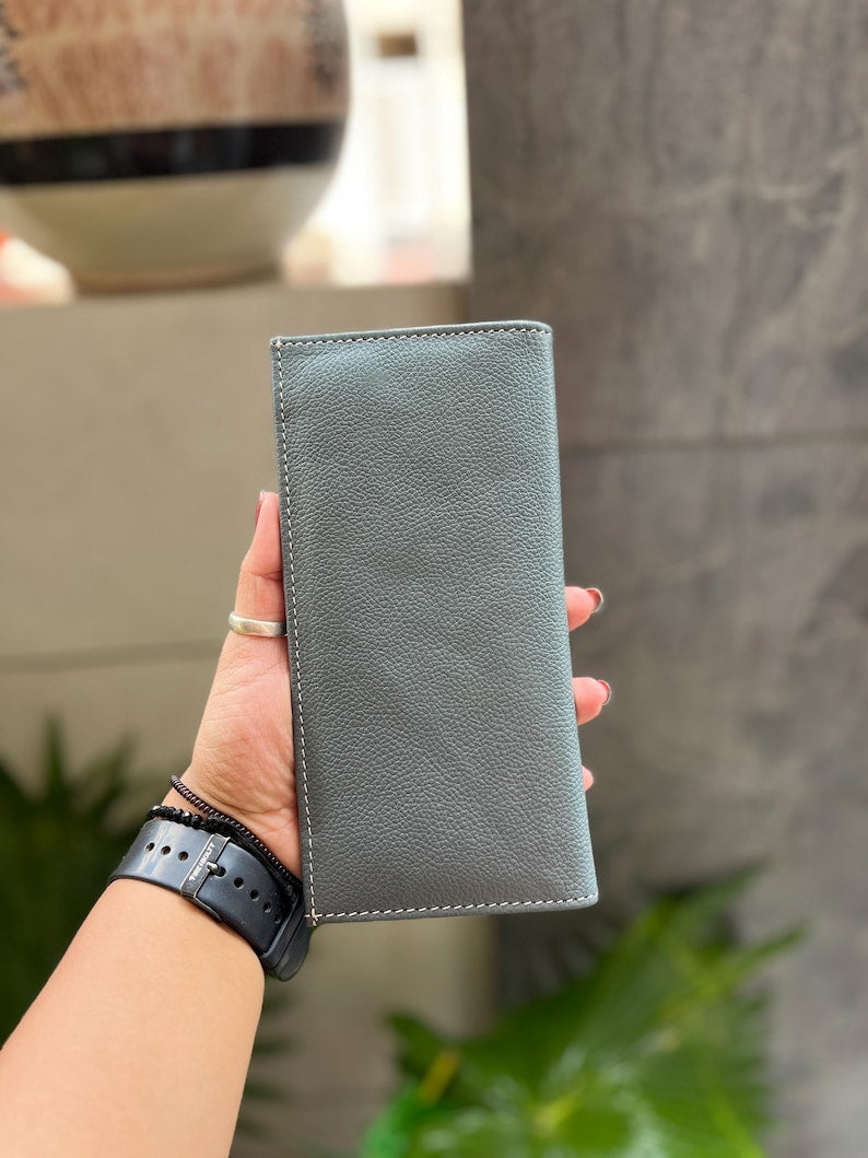 Slate blue leather long wallet with tooled floral cross, view 3 of 3