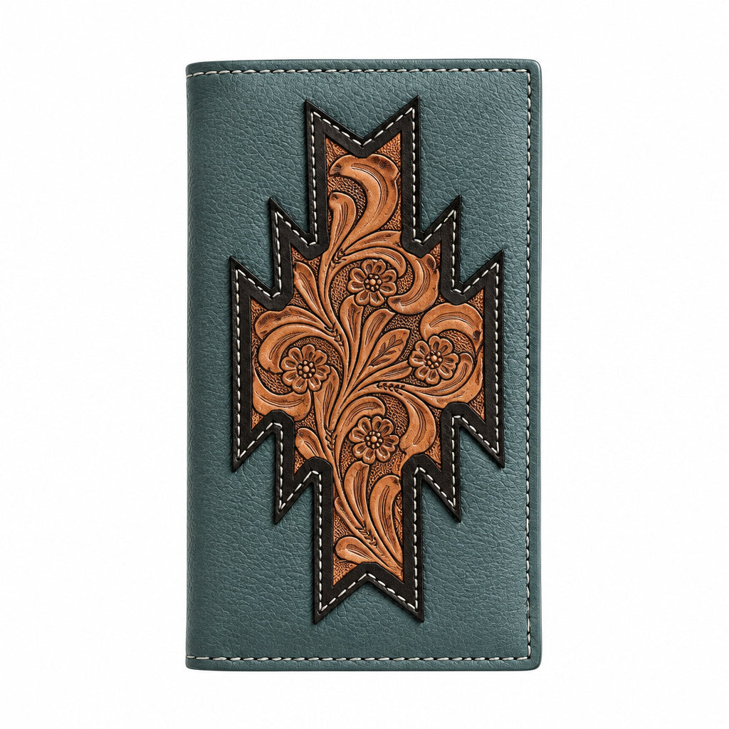 Slate blue leather long wallet with tooled floral cross, wholesale from The Hide Leather