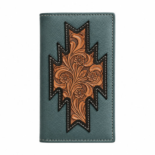 Slate blue leather long wallet with tooled floral cross, wholesale from The Hide Leather